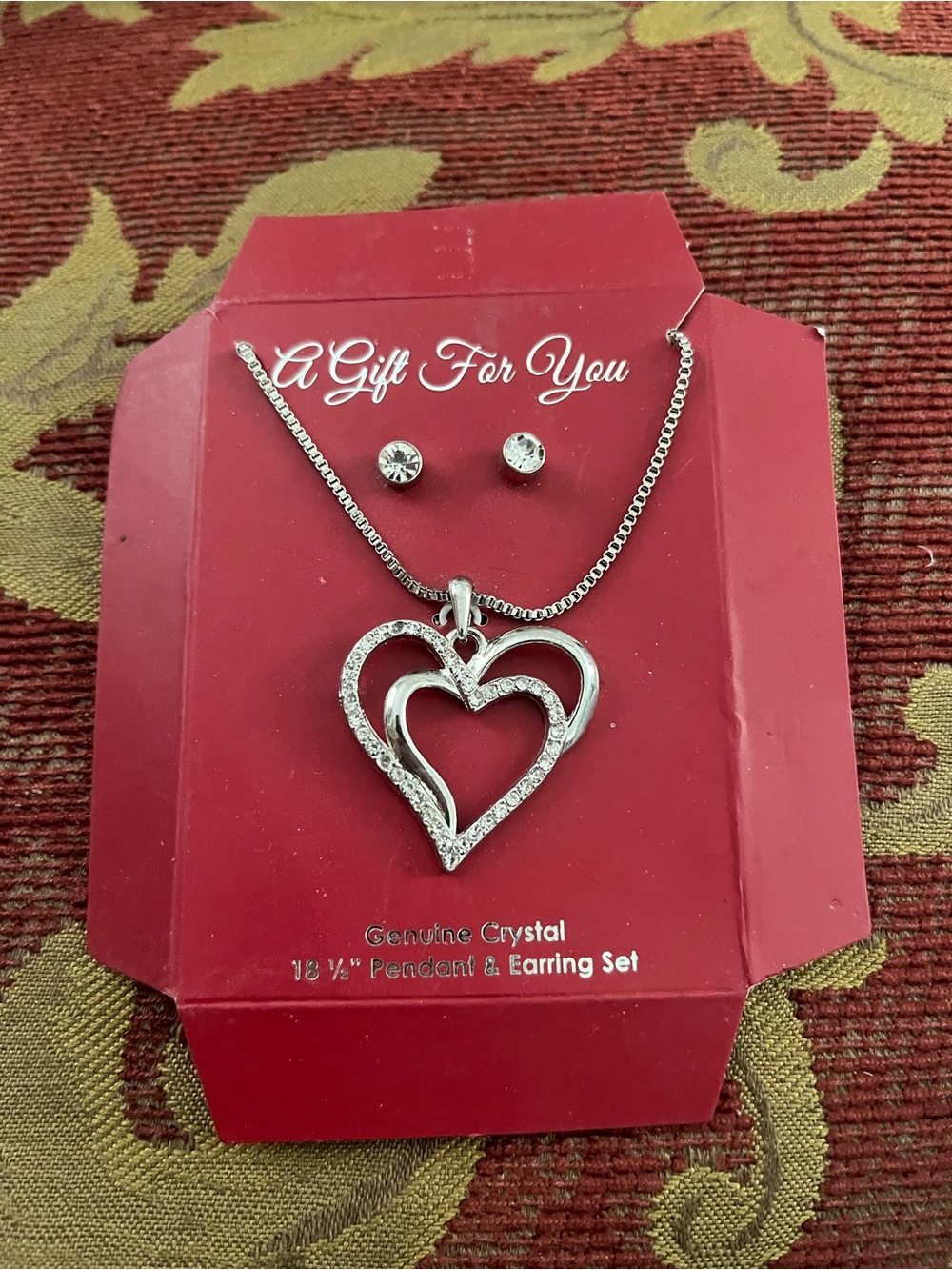 Silver Heart Pendant and Stud Earring Set - Crystal Accents - Red Gift Card